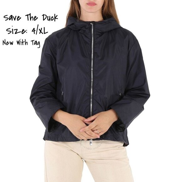 Save The Duck Women's Black Hope Hooded Windbreaker Jacket Size 4 XL New - Picture 1 of 6